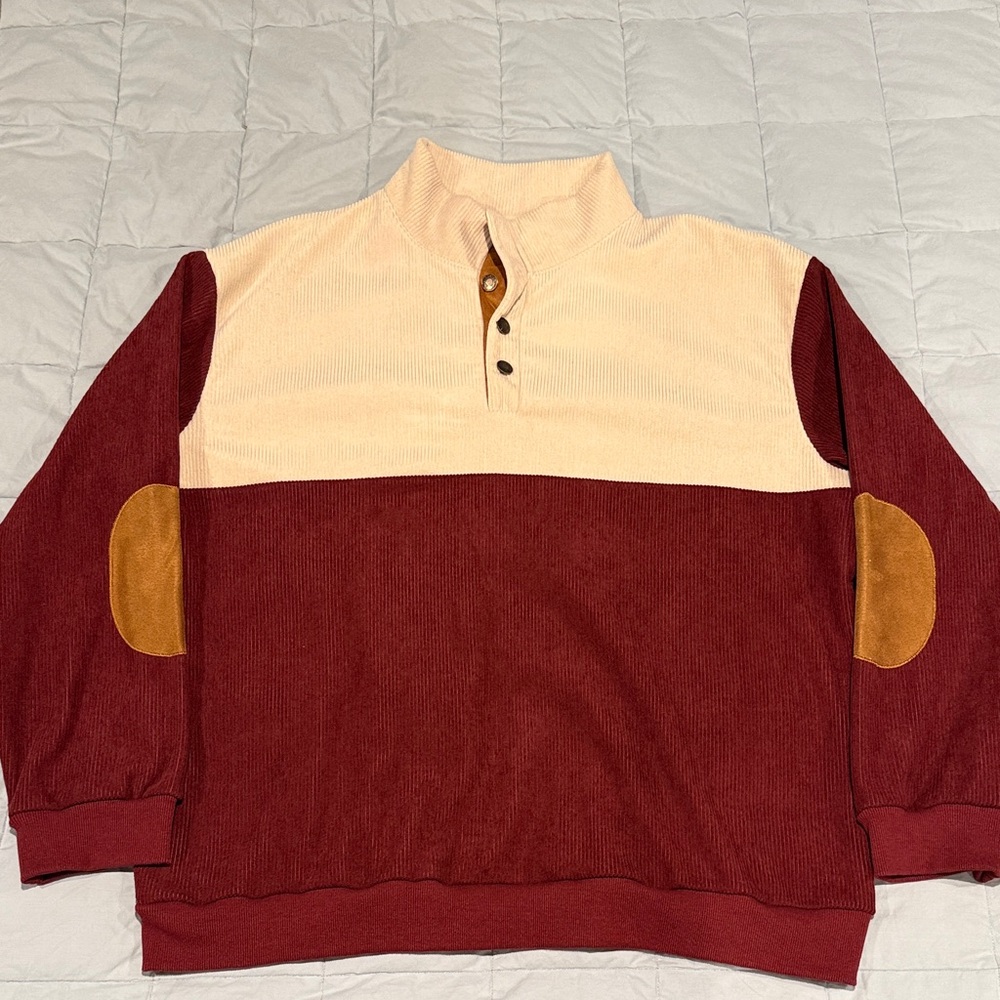 Vog Start Corduroy Maroon/Cream Men's Sweater with Elbow Patches NWOT